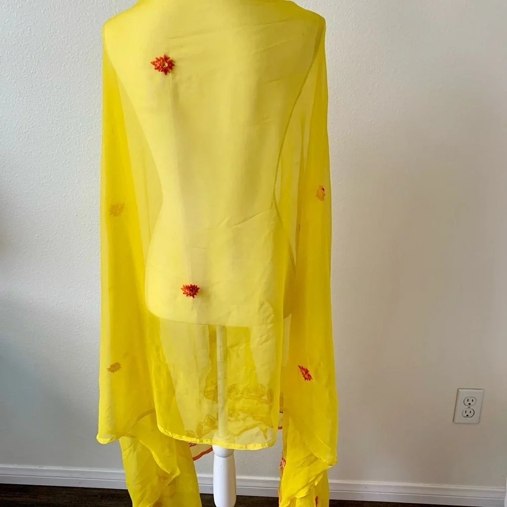 Yellow Sheer Scarf with Red Floral Accents 40/82 inches